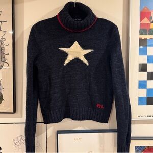 Ralph Lauren Navy Blue Star Turtleneck Sweater with Cream Star and Red Trim